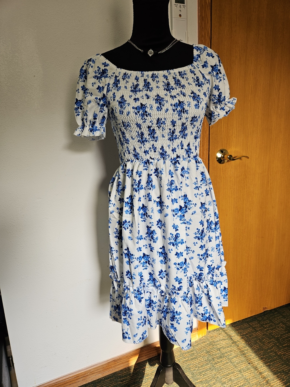 Smocked White Midi Dress with Blue Floral Print
